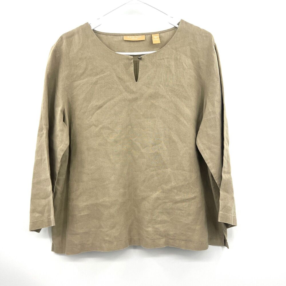 Kate Hill Casual Womens L 100% Linen Keyhole Tunic Top Long Sleeve Olive Taupe